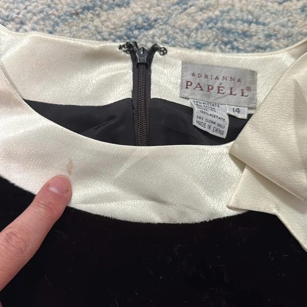 Adrianna Papell vintage 90s Black White Velvet Dress Bow Wednesday Addams 14